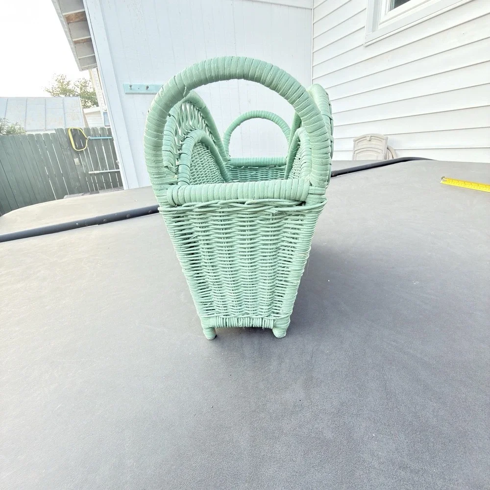 Vintage 1980s Seafoam Green Wicker Magazine Basket Boho Cottage Storage